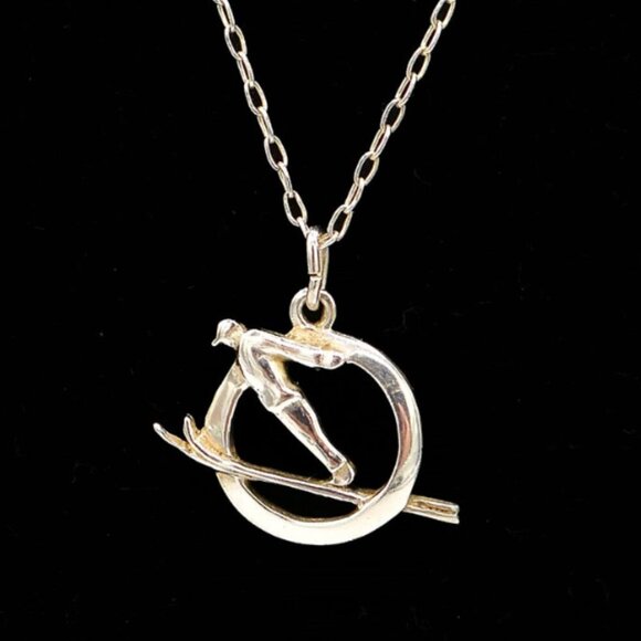 Vintage 800 Silver Ski Circle Pendant Necklace 22" - Picture 1 of 6